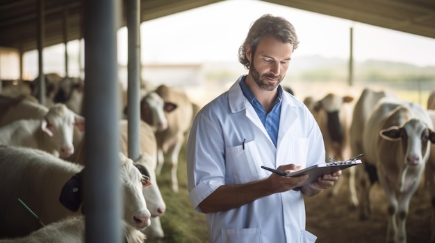 Foto o veterinário olha para o tablet na frente das vacas criado com a tecnologia generative ai