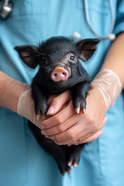 Foto o veterinário tem um porquinho preto nas mãos.