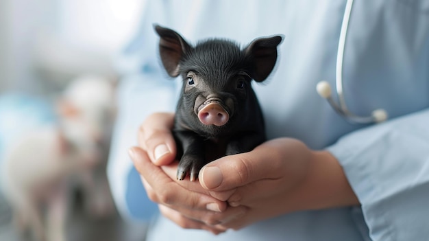 Foto o veterinário tem um porquinho preto nas mãos.