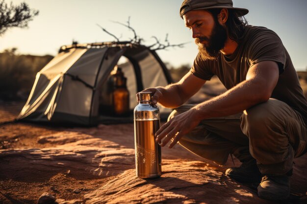 O viajante derrama água de uma garrafa em um copo de metal Bush Adventure Tourism Travel e camping