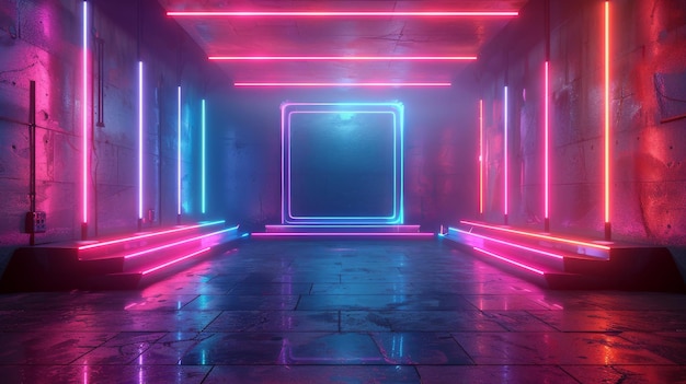 O videogame tem um fundo sci-fi gaming cyberpunk VR simulação de realidade virtual e metaverse cena de pé de pedestal palco ilustração 3D renderização futurista sala de brilho de néon