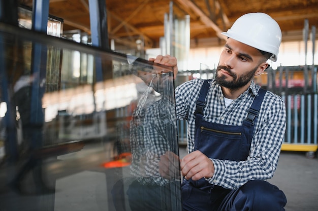 O vidraceiro tira um pedaço de espelho da mesa Fabricação da fábrica de vidro