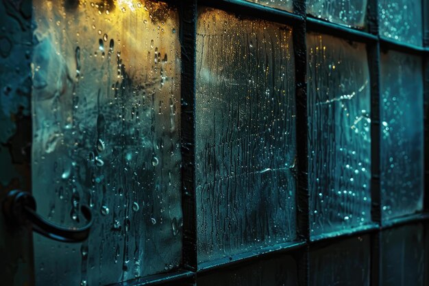 O vidro azul molhado da janela