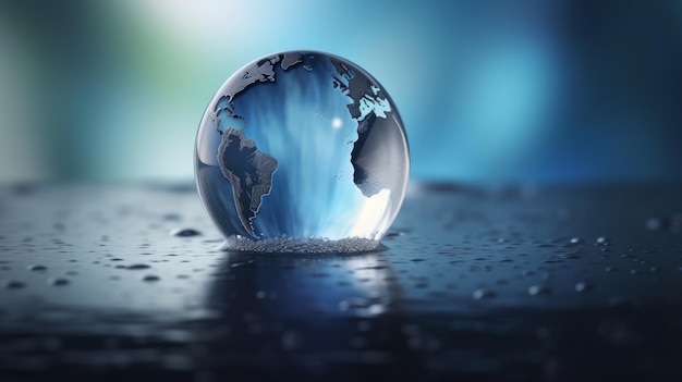 O vidro de cristal do mundo reflete na mesa brilhante azul Negócios e economia globais