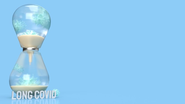 O vírus e o relógio de areia em fundo azul para renderização 3d longa do conceito covid