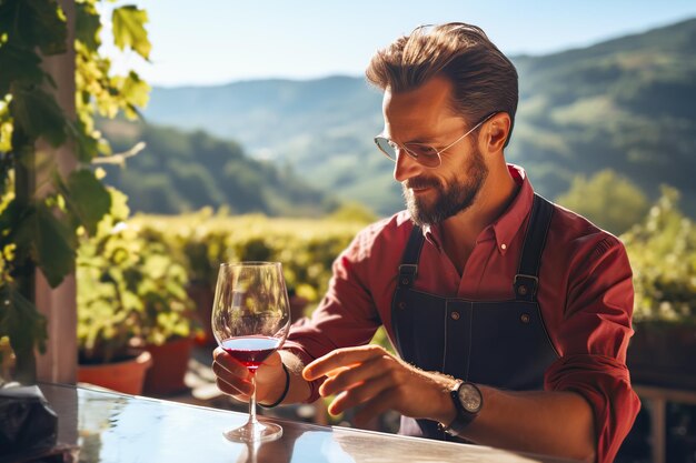 O viticultor bem-sucedido está a provar um sabor e a verificar a qualidade do vinho vermelho de um copo no fundo das vinhas.