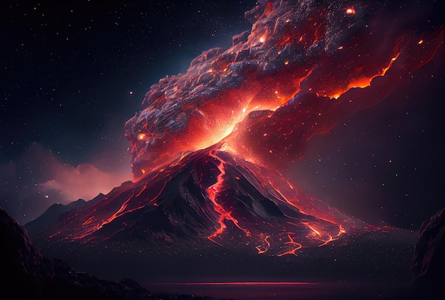 O vulcão entrou em erupção com lava quente e fumaça negra cobrindo o céu Conceito de natureza e desastre Generative AI