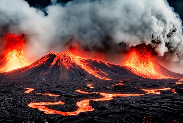 O vulcão está a fazer erupção de lava.