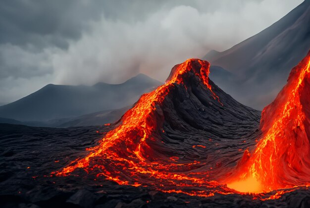 Foto o vulcão está a fazer erupção de lava.