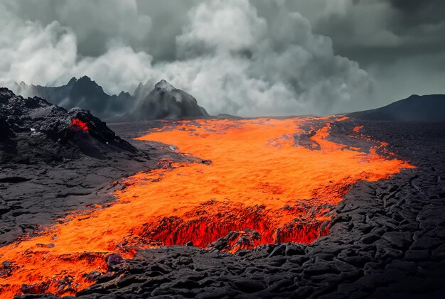 Foto o vulcão está a fazer erupção de lava.