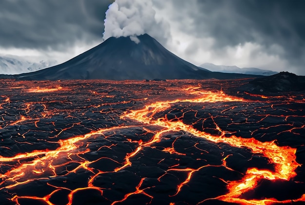 Foto o vulcão está em erupção de lava.