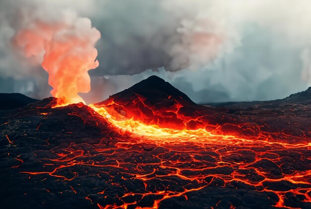 O vulcão está em erupção de lava.