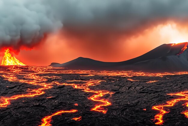 Foto o vulcão está em erupção de lava.