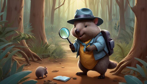 o Wombat com uma lupa e um chapéu de detetive