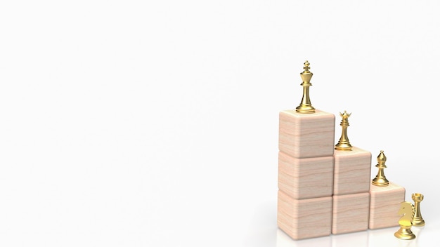 O xadrez de ouro no cubo de madeira da escada na renderização 3d de fundo branco