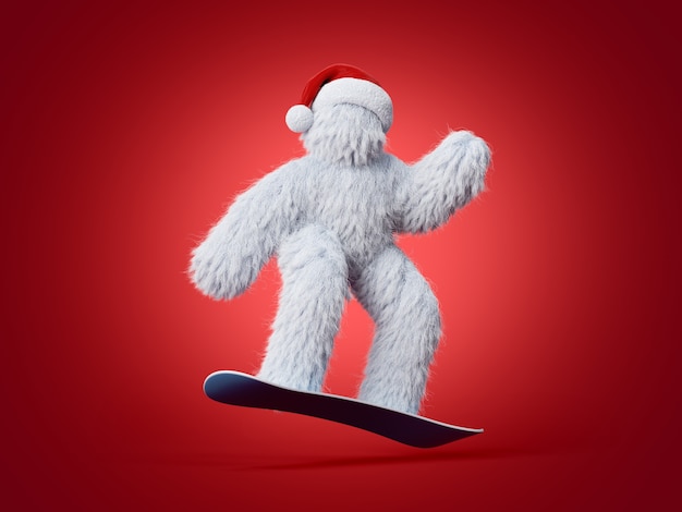 O yeti peludo branco com chapéu de Natal pula no snowboard