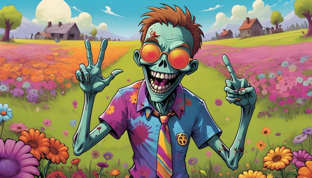 O zumbi com uma camisa de corante e óculos de sol de sinal de paz a rir e a rir no meio de um campo.