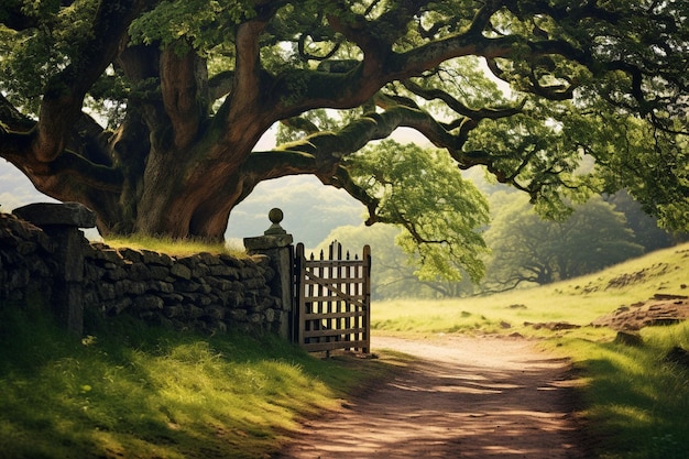 Foto oak tree with a wooden gate leading into a park