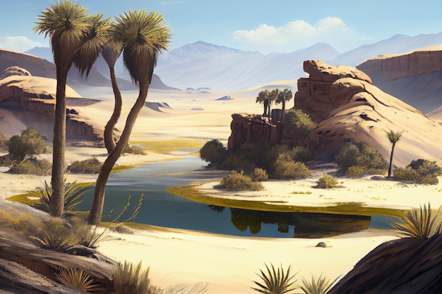 Oase in der Wüste mit entfernter Bergkette am Horizont