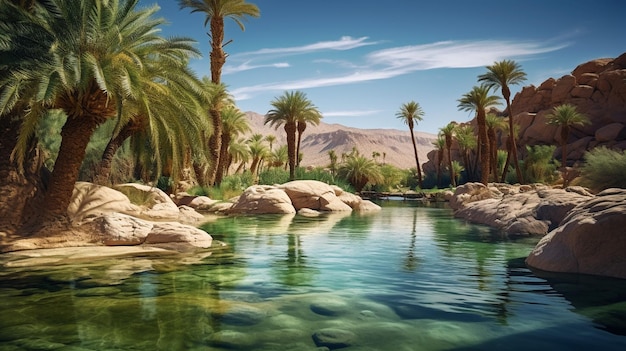 Foto un oasis de agua cristalina en medio del desierto.