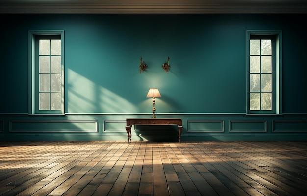 Oasis azul habitación vacía con paredes azules y piso de madera aislado