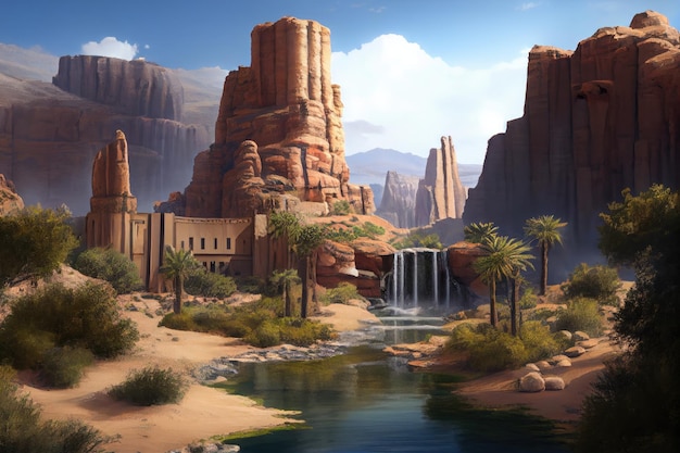 Oasis con cascada rodeado de imponentes acantilados del desierto creados con inteligencia artificial generativa