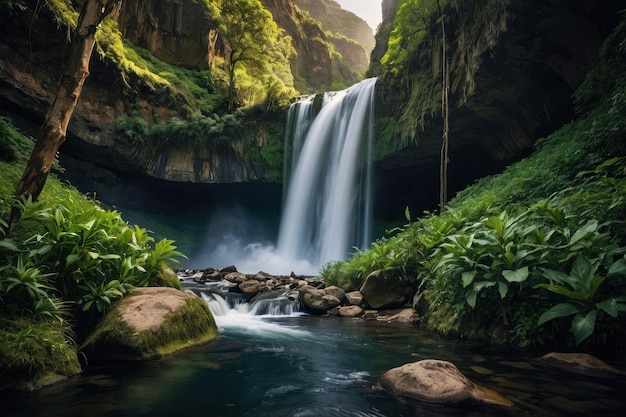 Oasis de cascadas tropicales en una exuberante jungla verde