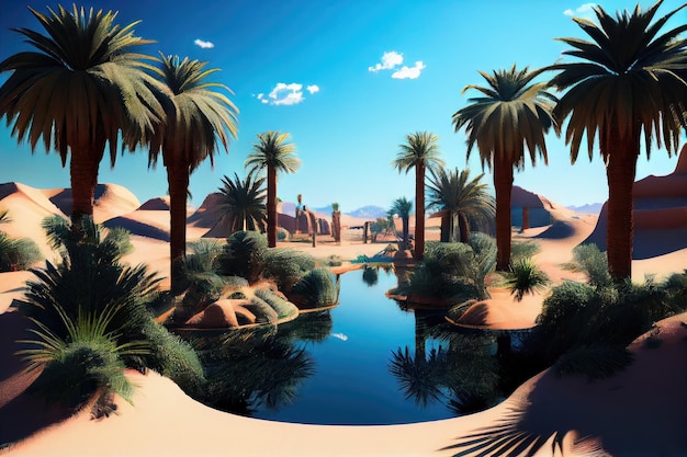 Oásis com palmeiras e céu azul cercado por um deserto sem fim criado com ai generativa