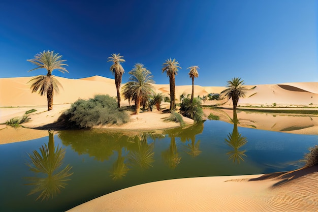 Oásis com palmeiras e céu azul claro cercado por dunas de areia criadas com ai generativo