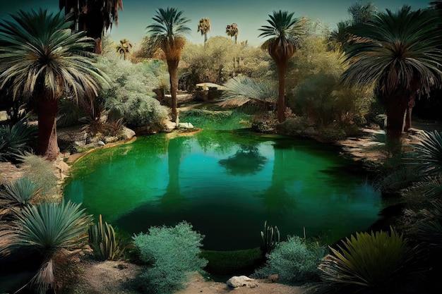 Oásis com piscina de água cristalina cercada por vegetação exuberante criada com inteligência artificial generativa