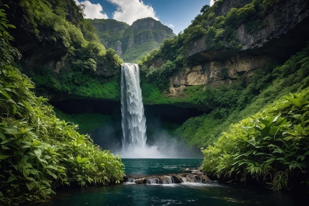 Oásis de cachoeiras tropicais numa selva verde e exuberante