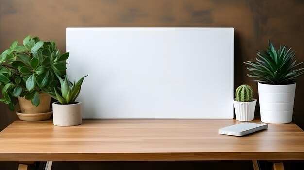 Oásis de mesa de madeira com plantas em vasos e tábua branca