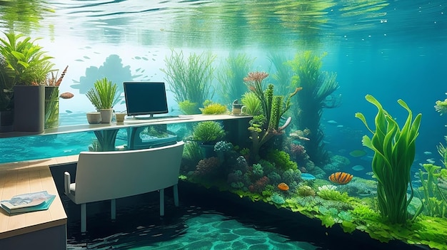 Oásis de produtividade submersível do ambiente de trabalho AquaScaping