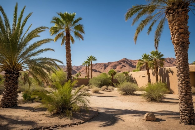 Oasis desértico con palmeras y acantilados