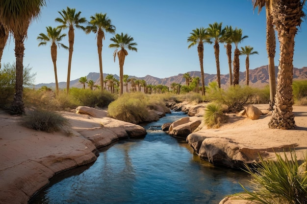 Oasis desértico con palmeras y acantilados