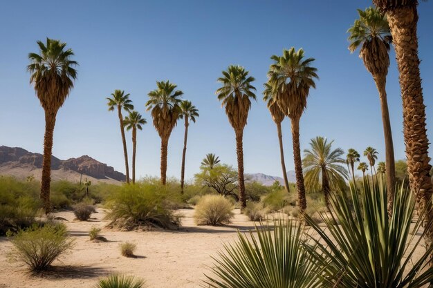 Oasis desértico con palmeras y acantilados