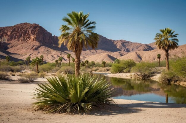 Oasis desértico con palmeras y acantilados