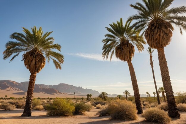 Foto oasis desértico con palmeras y acantilados