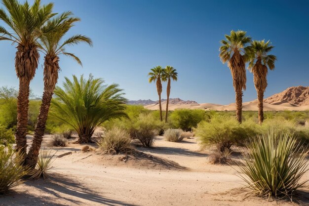 Oasis desértico con palmeras y acantilados