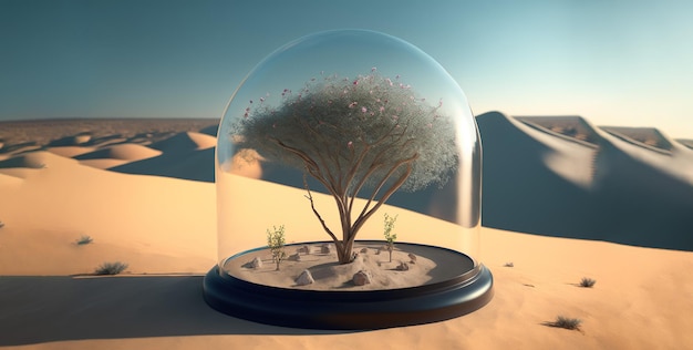 Oasis en el desierto con un árbol verde protegido por una cúpula de vidrio IA generativa