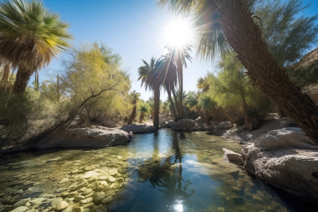 Foto oasis en el desierto con cielo azul claro y luz solar que brilla a través de los árboles creados con ai generativo