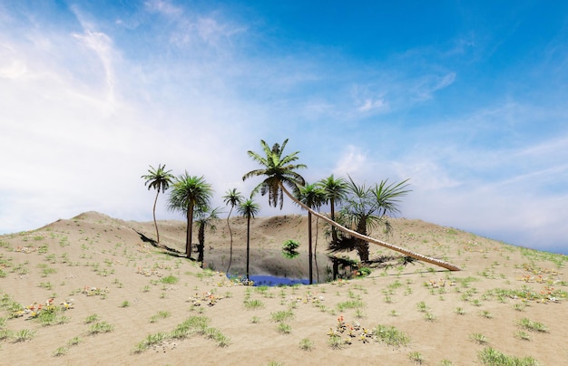 Oasis en el desierto con diseño de día de cielo azul