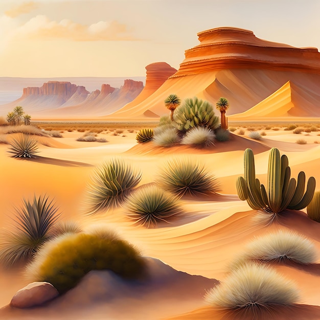 oasis en el desierto Dunas de arena Acantilados rocosos Cactus Paisaje árido Pintura de acuarela