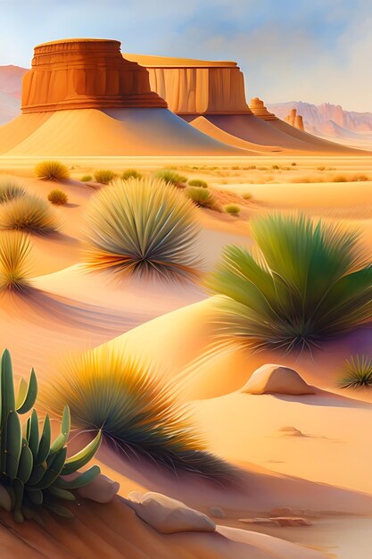 oasis en el desierto Dunas de arena Acantilados rocosos Cactus Paisaje árido Pintura de acuarela