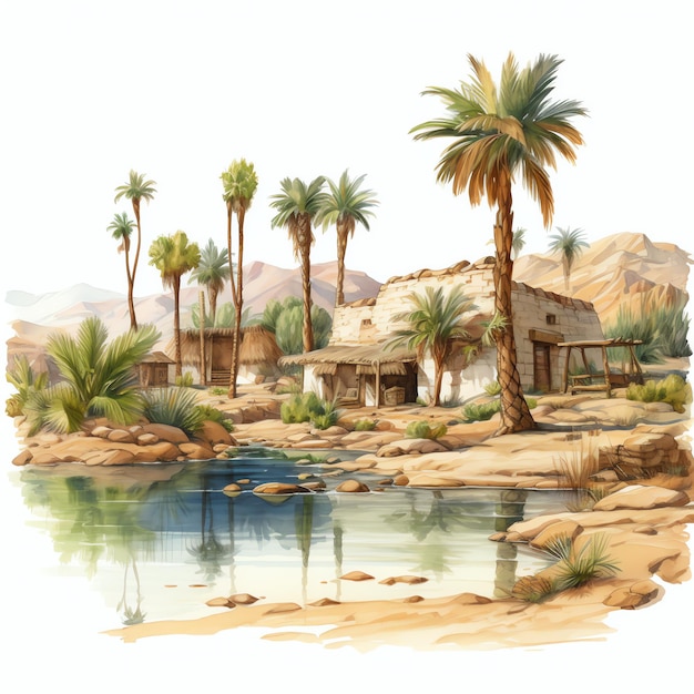 Un oasis en el desierto con una ilustración de asentamiento y palmeras.