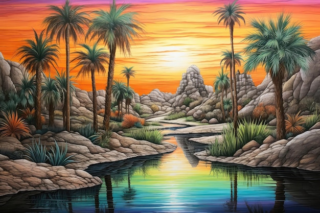 Foto oasis del desierto con palmeras pintadas con lápices de colores
