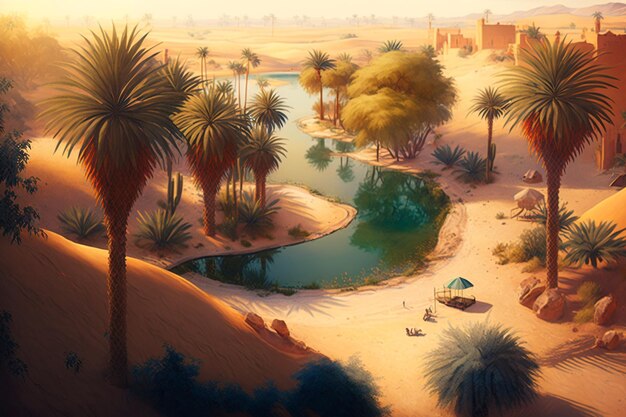 Oasis en el desierto Un retiro sereno en medio del paisaje árido con palmeras Río sinuoso y camellos a la luz de la hora dorada