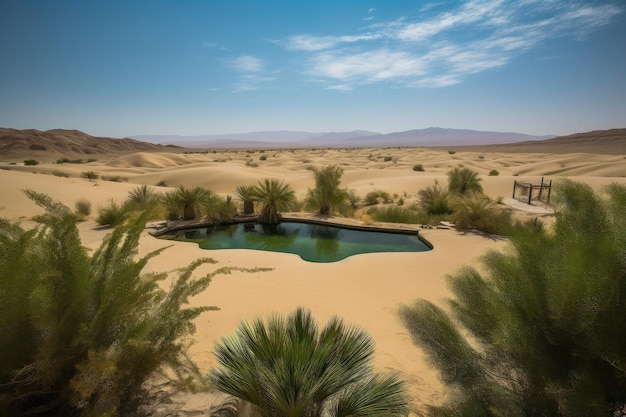 Oasis en el desierto con vistas a dunas ondulantes y cielos infinitos creados con IA generativa