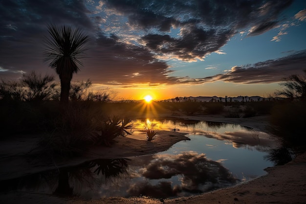 Oásis do deserto com vista para o nascer do sol e silhuetas de nuvens que passam criadas com ai gerativa