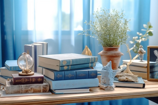 Oasis educativo Libros expuestos en una mesa de madera con un ambiente azul pastel